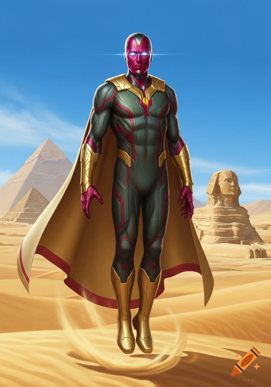 Marvel's Vision hovers in a desert with Egyptian pyramids and the Sphinx under a blue sky, illustrated in a comic art style.