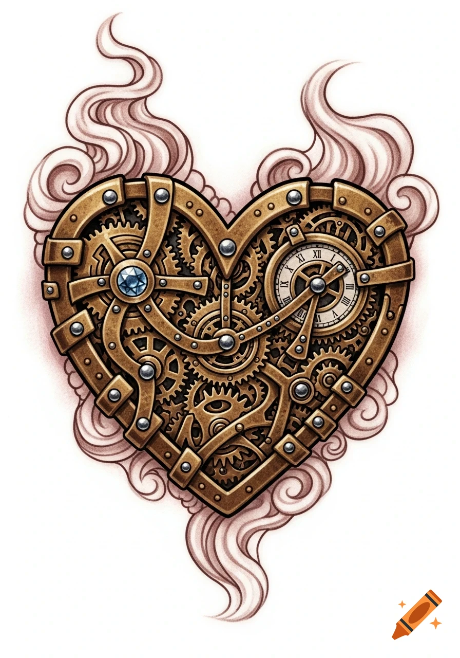An intricate steampunk heart illustration made of brass gears, cogs, rivets, and a clock face, surrounded by wisps of smoke.