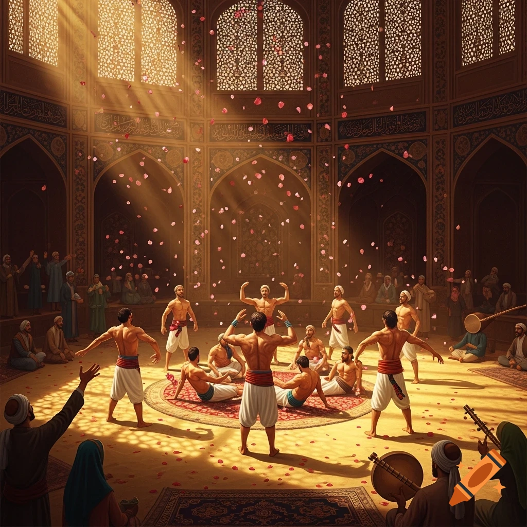 Men in a traditional Zurkhaneh (Persian gymnasium) with rose petals falling, some exercising, others watching or playing music.
