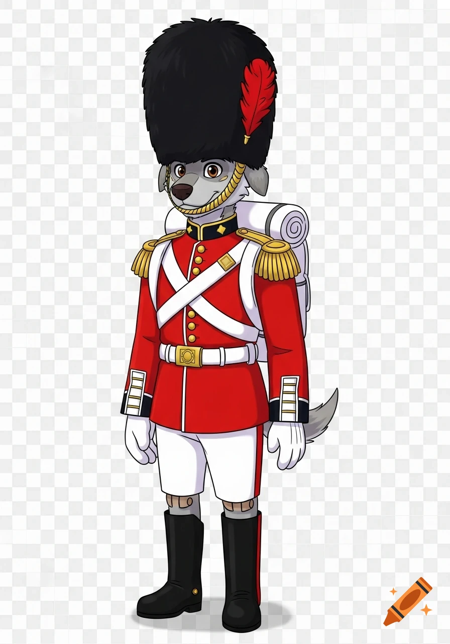Cartoon style gray dog in a red British guard uniform with a bearskin hat, white cross-straps, and a white pack, standing with a transparent background.