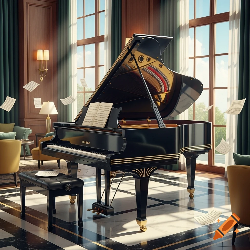 A black grand piano with gold accents sits in a luxurious room with large windows, sunlight, and floating sheet music. Photorealistic.
