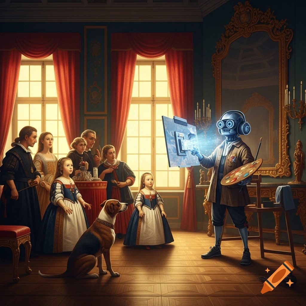 A robot artist with headphones holds a glowing digital canvas, presenting it to a group of people and a dog in a lavish historical room reminiscent of Las Meninas.