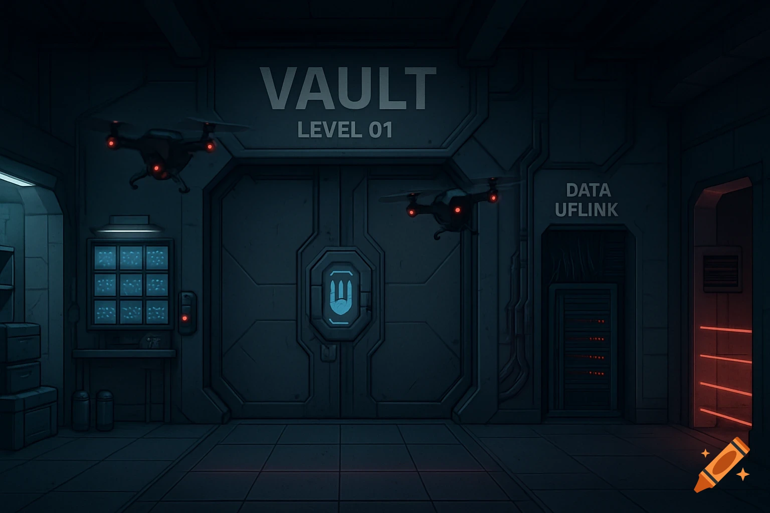 Stylized digital art of a dark, futuristic vault interior with a large door labeled "VAULT LEVEL 01", two security drones, and a server room labeled "DATA UFLINK".