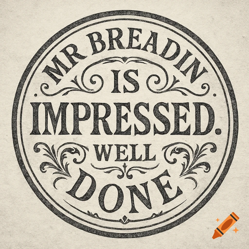 A vintage-style grayscale stamp featuring the text 'MR BREADIN IS IMPRESSED. WELL DONE.' with decorative flourishes.
