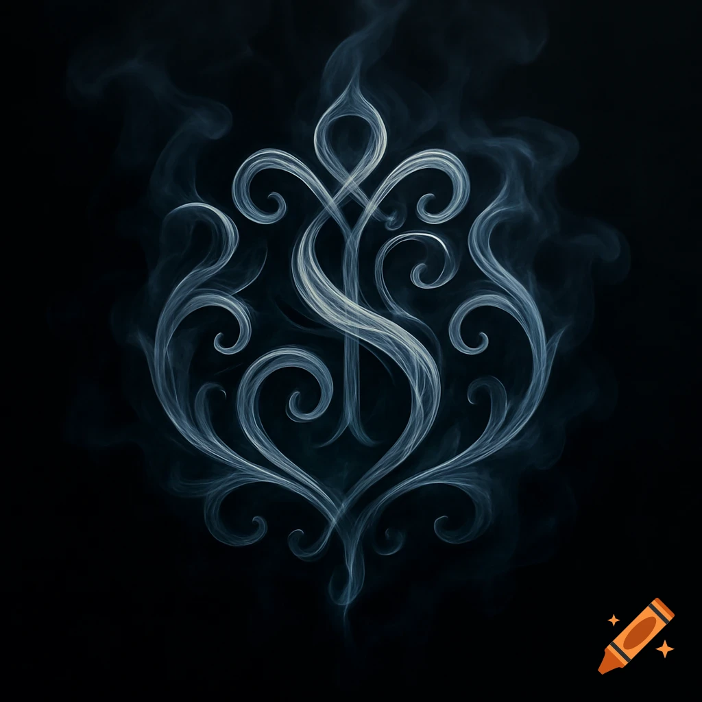 An ornate, flowing design created from light grey smoke, swirling elegantly against a dark black background.