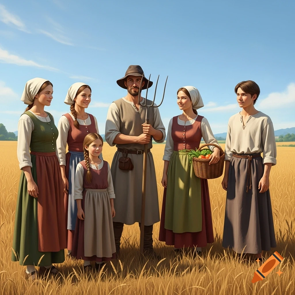 A photorealistic European medieval farmer family stands in a golden wheat field under a blue sky.
