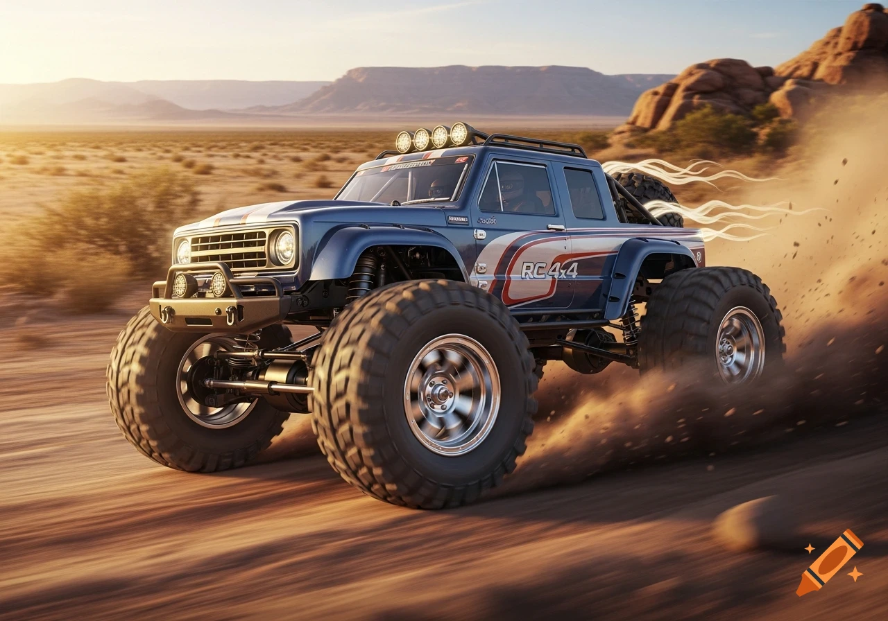 A detailed blue RC monster truck races through a dusty desert landscape under a clear sky.