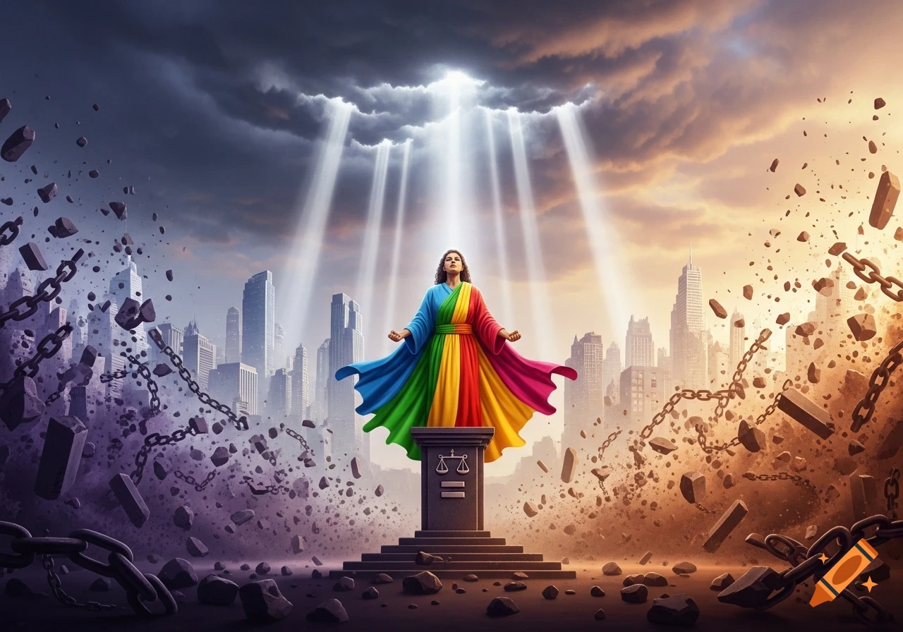 A figure in a rainbow robe stands on a pedestal with scales of justice amidst a crumbling cityscape and broken chains, under rays of light.
