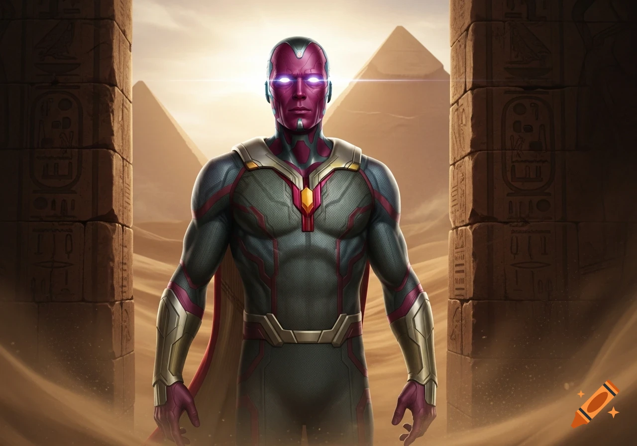 Marvel's Vision in his red and grey suit with glowing eyes, standing between ancient Egyptian pillars with pyramids in a desert.