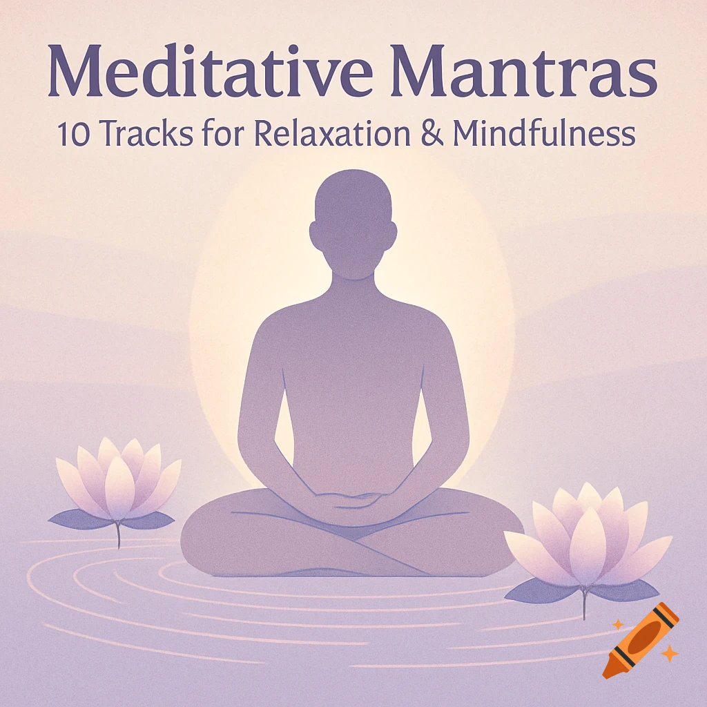 Flat 2D illustration of a person meditating with lotus flowers and text "Meditative Mantras" on a pastel background.