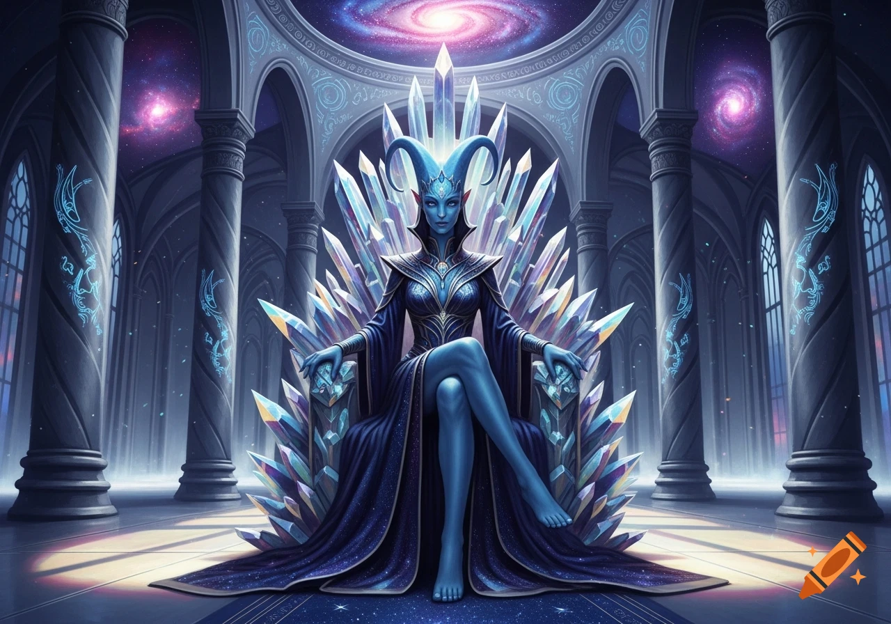 Blue-skinned alien queen with horns and elf ears sits on a crystal throne in a grand hall with cosmic views.