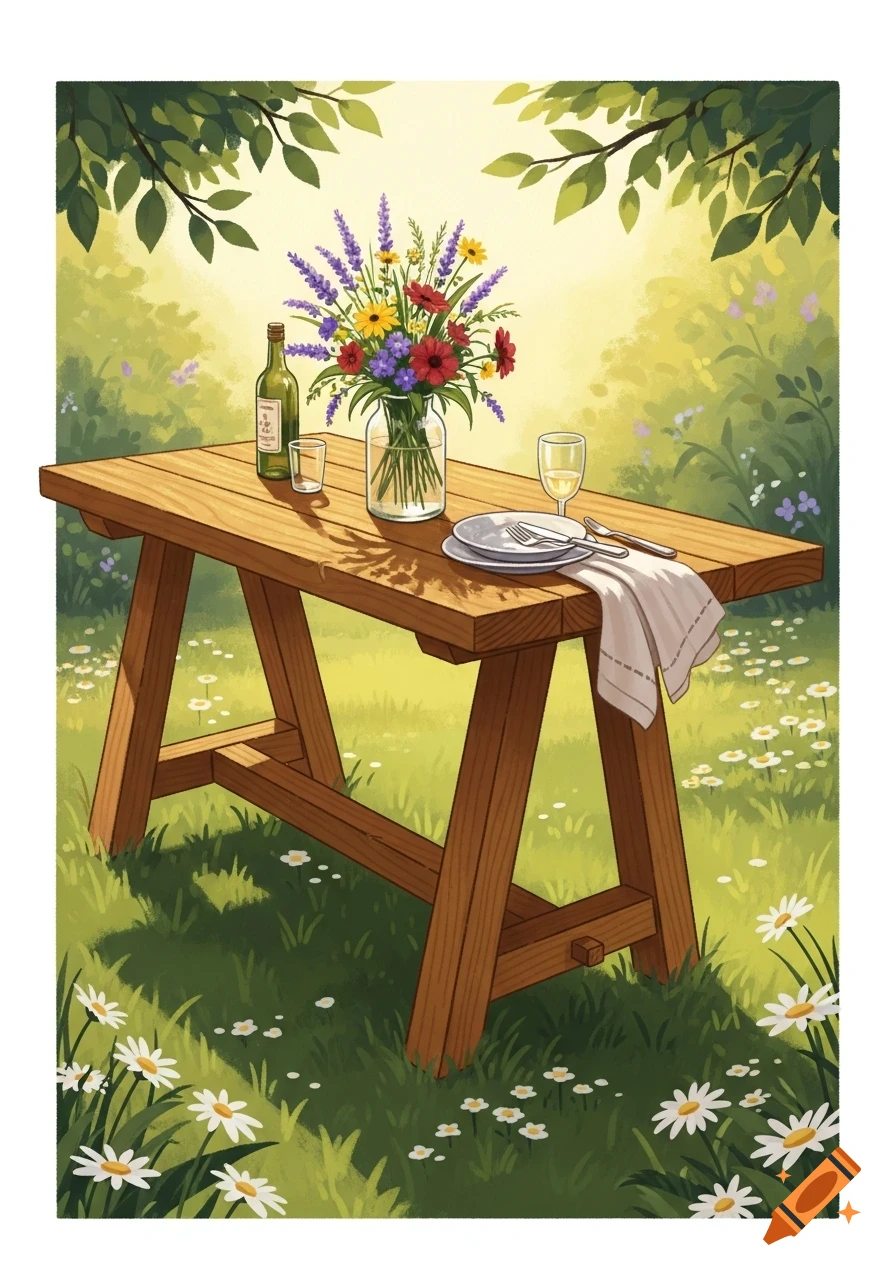 An outdoor wooden picnic table set with a wine bottle, glass, plate, and a vase of colorful wildflowers in a sunny, daisy-filled garden.