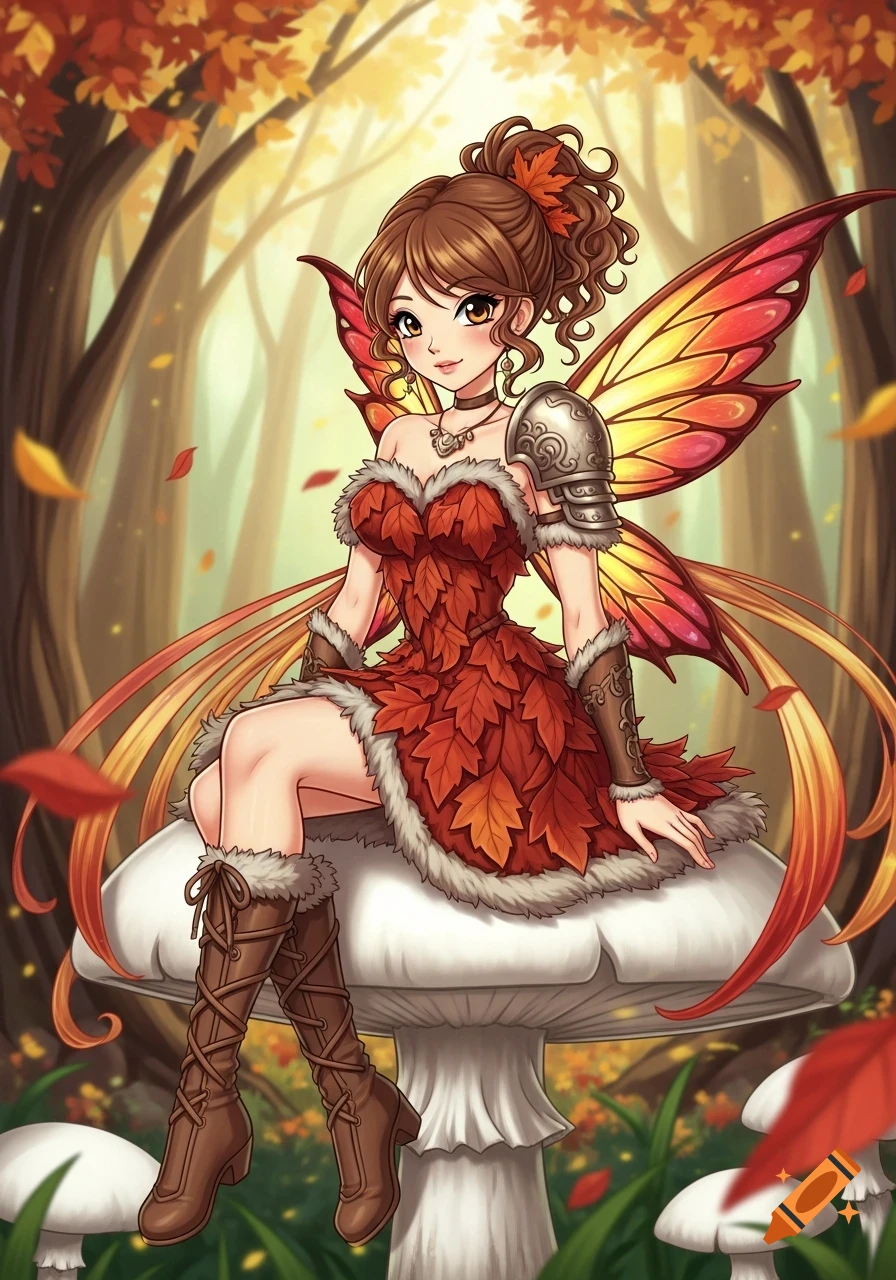 Anime fairy knight girl with autumn wings and a leaf dress sitting on a mushroom in an enchanted forest.