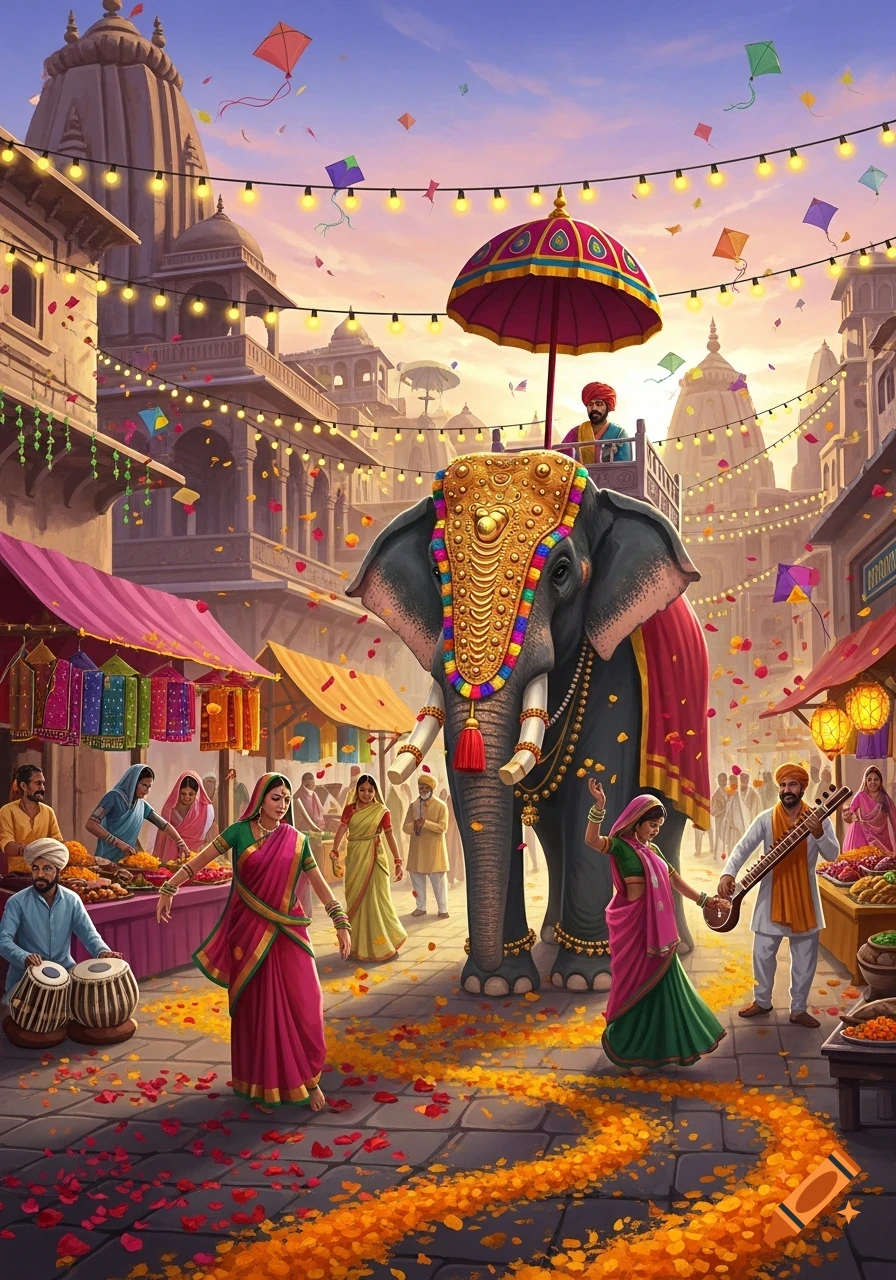 Vibrant Indian festival scene with an elaborately decorated elephant, people in traditional attire, musicians, market stalls, and kites flying at sunset.