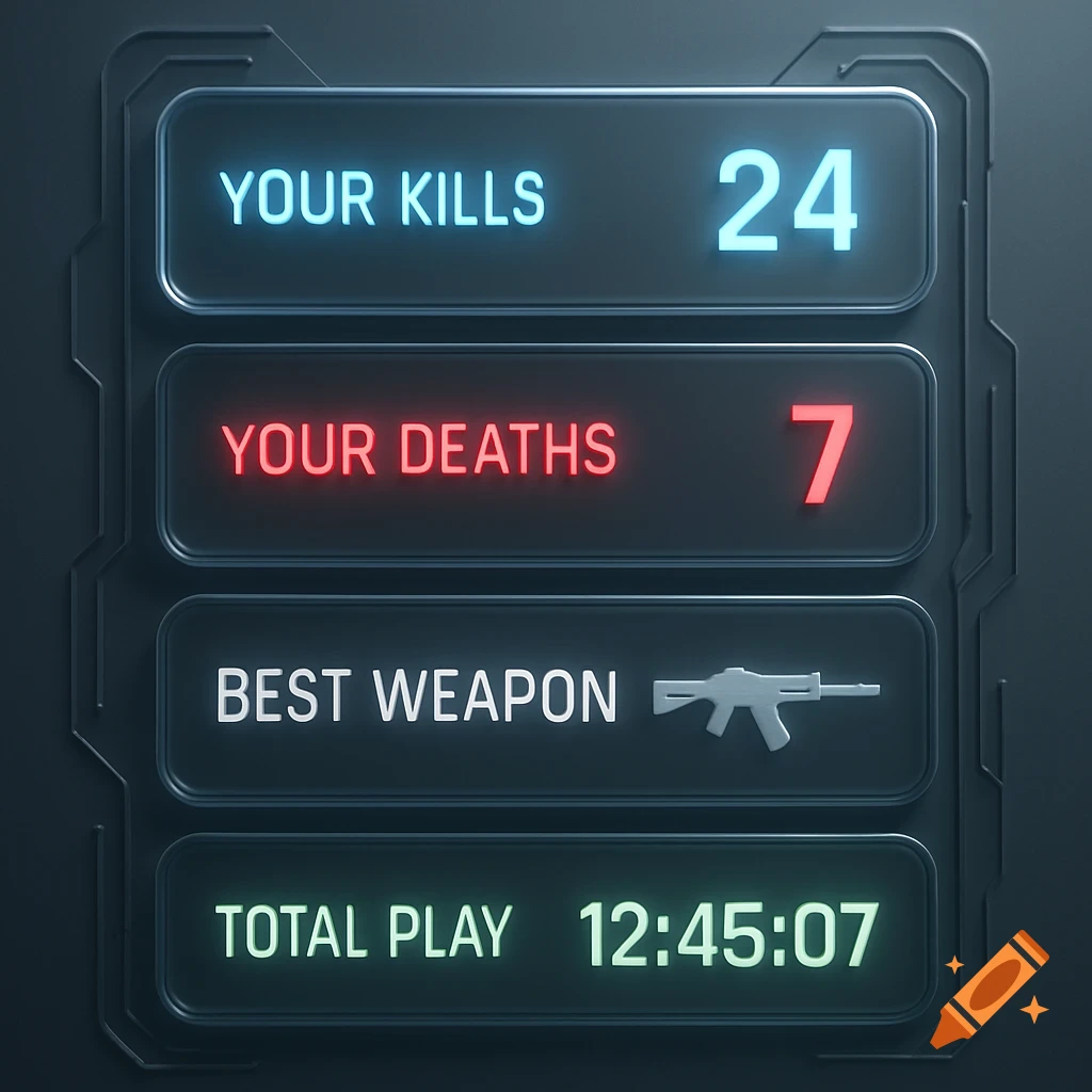 A futuristic game score screen displaying 'YOUR KILLS 24', 'YOUR DEATHS 7', 'BEST WEAPON' with an assault rifle icon, and 'TOTAL PLAY 12:45:07' on a dark gray background.