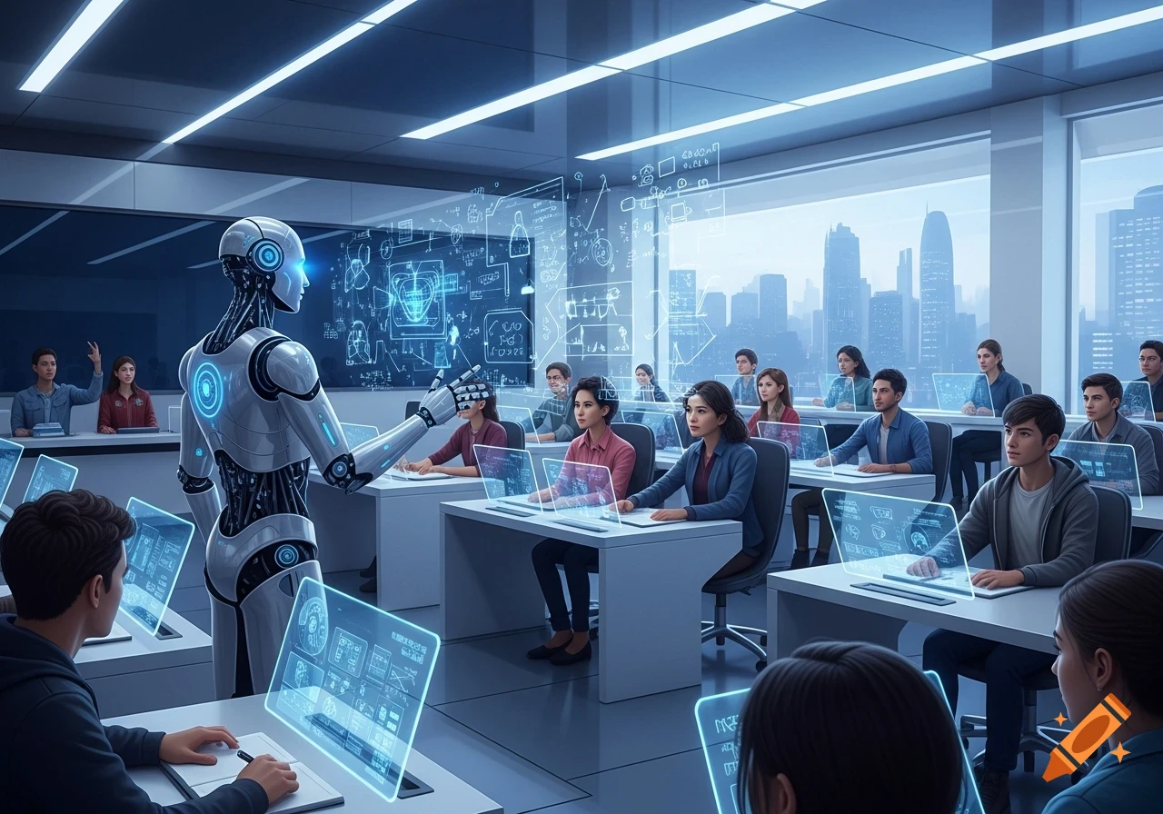 A humanoid robot teacher instructs a diverse group of human students in ...