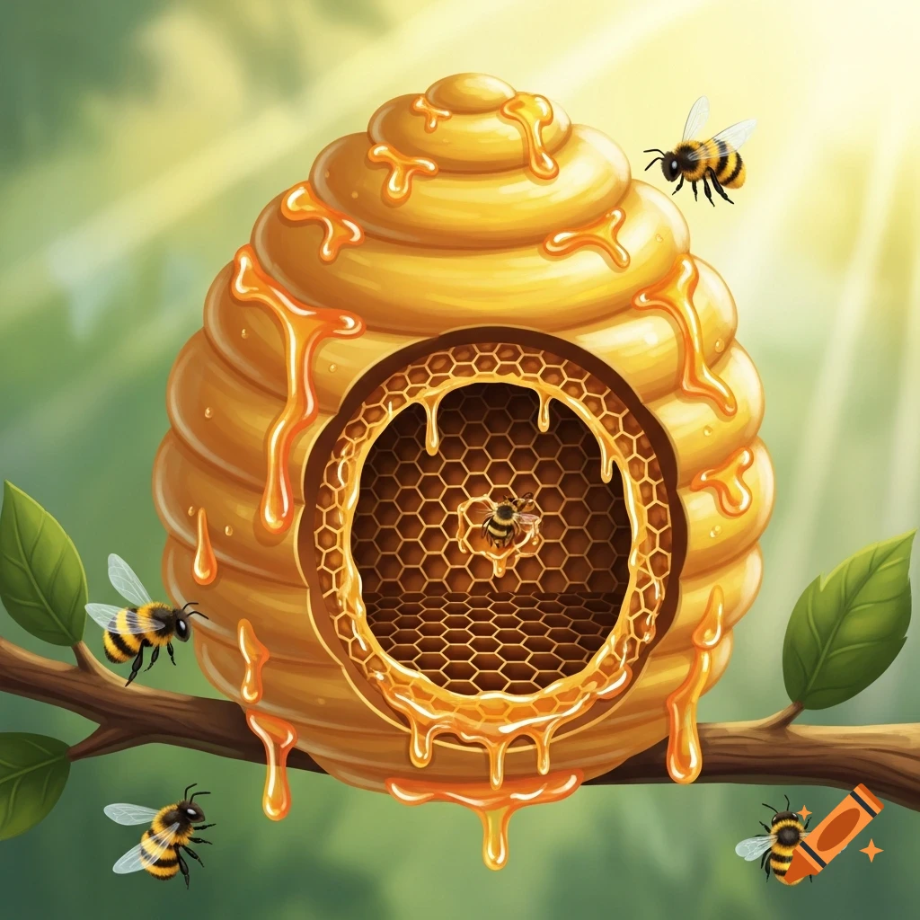 An illustrative beehive hangs from a branch, dripping with honey, surrounded by buzzing bees, with the honeycomb visible inside.