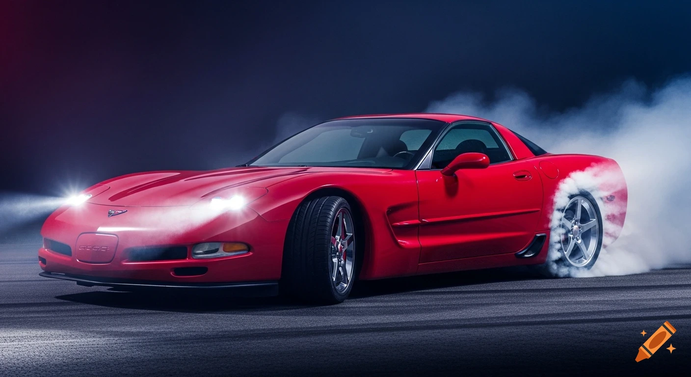 A hyperrealistic red Corvette C5 drifts on a dark road, smoke billowing from its rear wheel, headlights shining brightly.