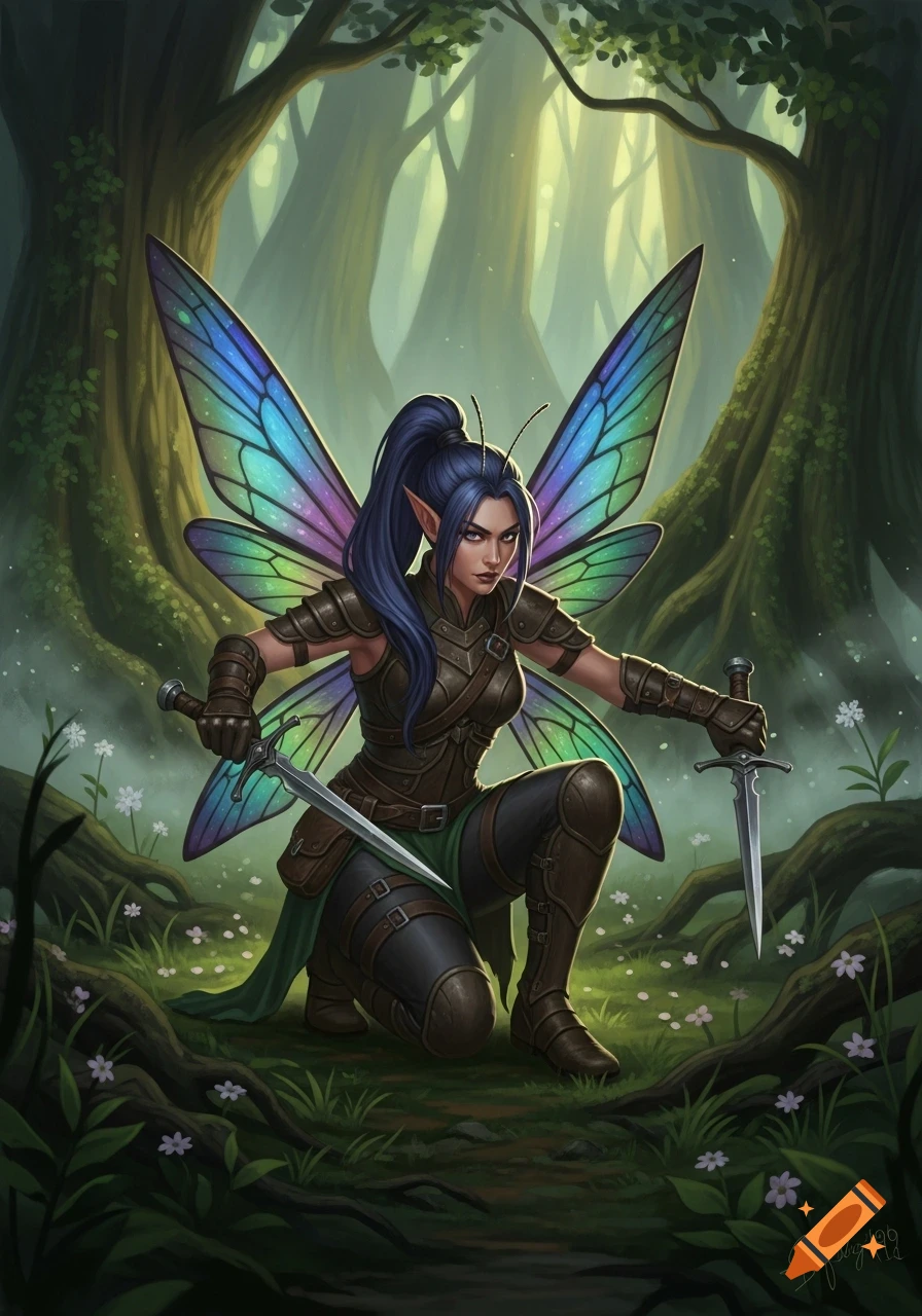 An illustration of a warrior fairy with iridescent blue and green wings and dark hair, kneeling in leather armor in a forest, holding two daggers.
