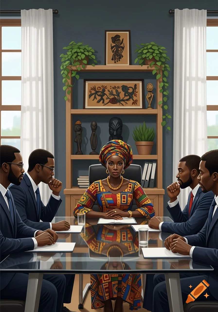 A group of Black businesspeople, including a woman in colorful African attire, sit around a reflective glass table in an office meeting.