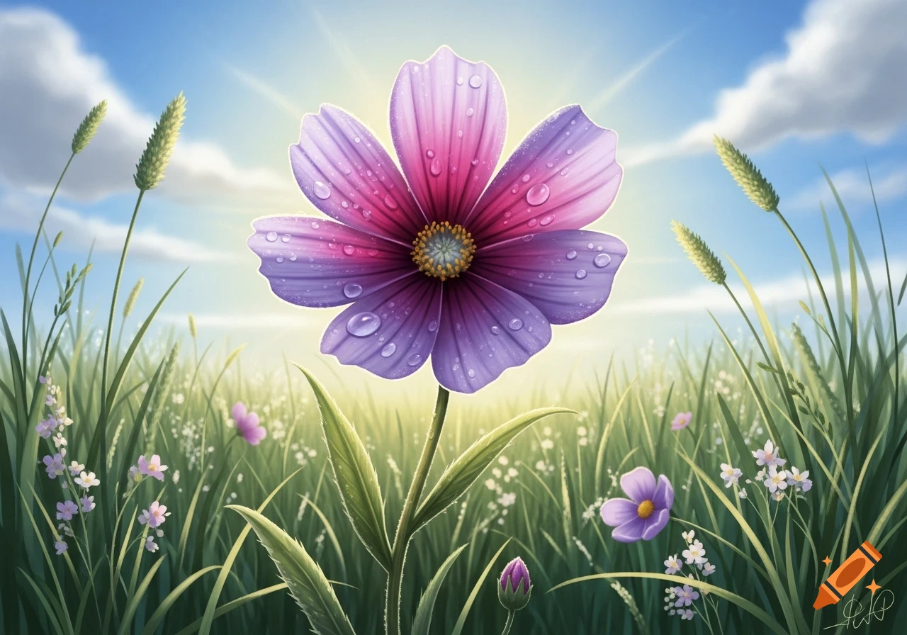 A vibrant pink and purple cosmos flower with dewdrops stands tall in a sunny, grassy field under a blue sky.
