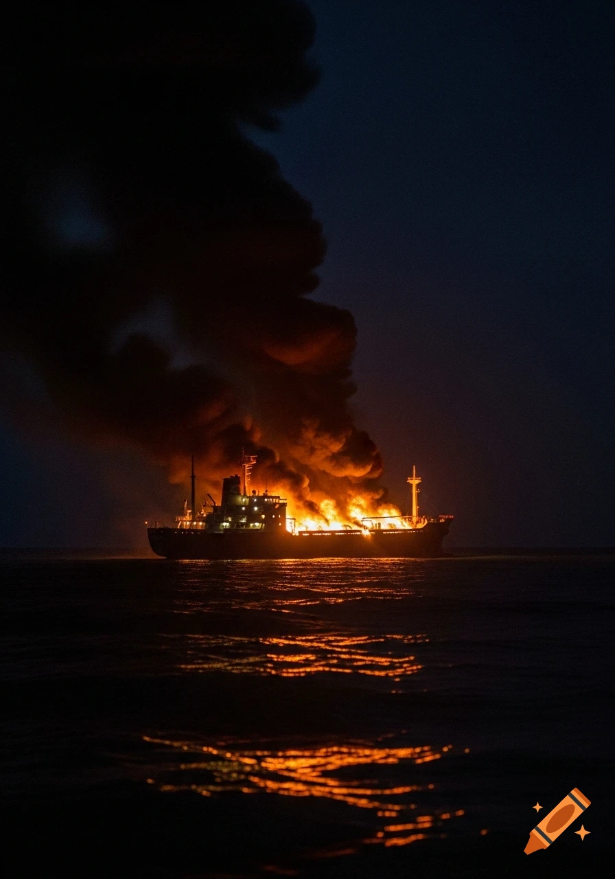 A ship engulfed in a large fire at night on the dark ocean, with smoke billowing into the sky.