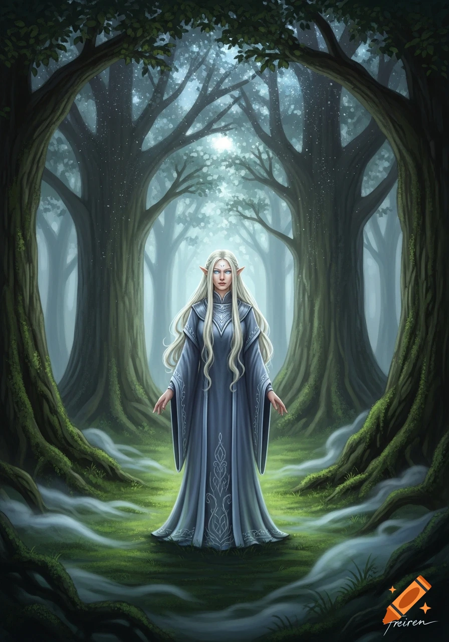 A serene blonde elf with blue eyes and long hair stands in a misty, enchanted forest with towering trees.