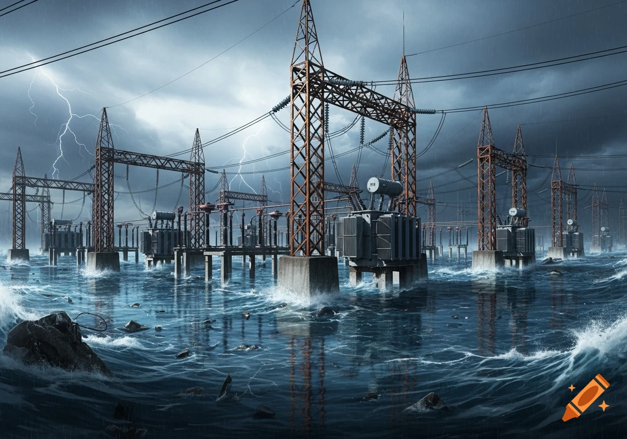 Photorealistic image of an electrical substation partially submerged in choppy floodwaters during a lightning storm under a dark, cloudy sky.