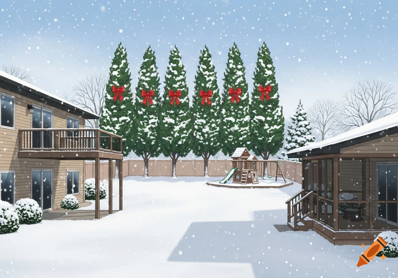 A cartoon winter backyard with houses, a deck, a playground, a light brown fence, and tall green trees with red bows under falling snow.