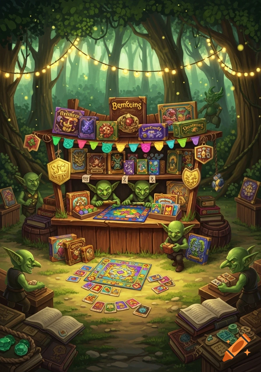 A fantasy illustration of goblins playing and selling board games at a festive stall in an enchanted forest with string lights.