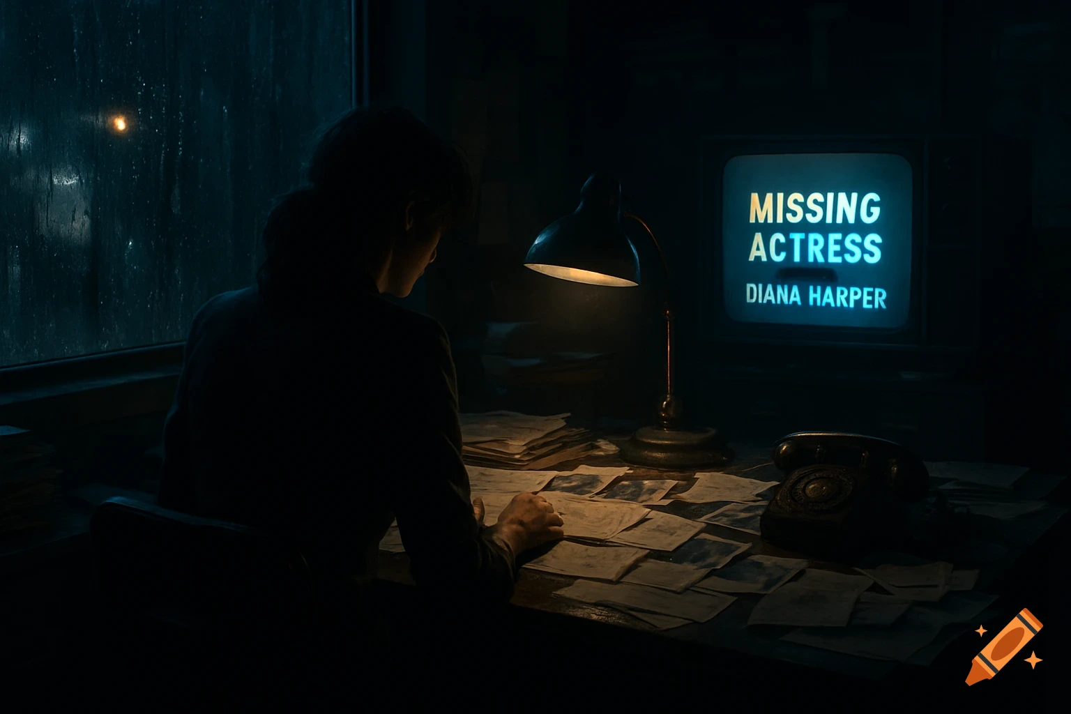 A person in a dark, rainy office sits at a desk lit by a lamp and a TV showing 'Missing Actress - Diana Harper'.
