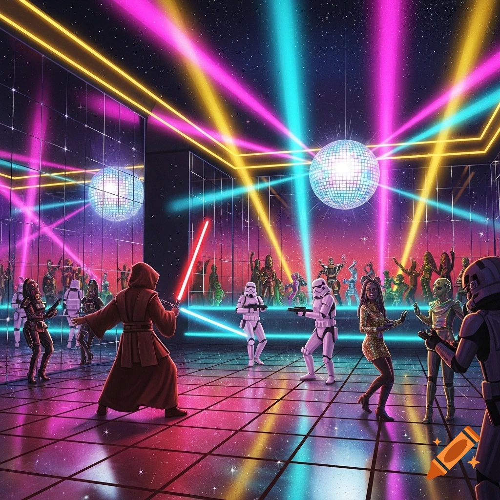 Star Wars characters, including a robed Jedi and Stormtroopers, dance in a neon-lit disco with colorful laser beams and disco balls.