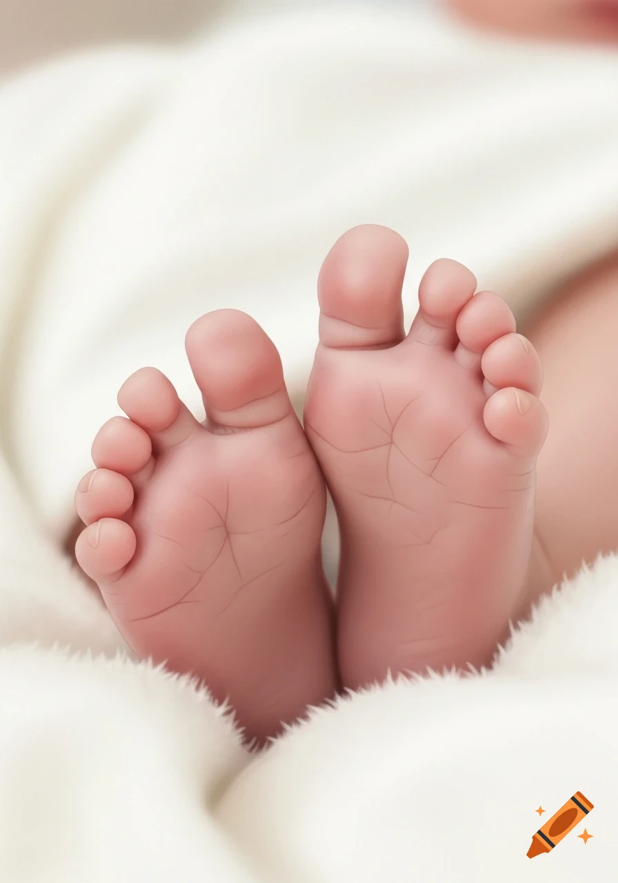 Close-up of photorealistic baby's feet with wrinkled soles and tiny toes peeking from a soft white blanket.