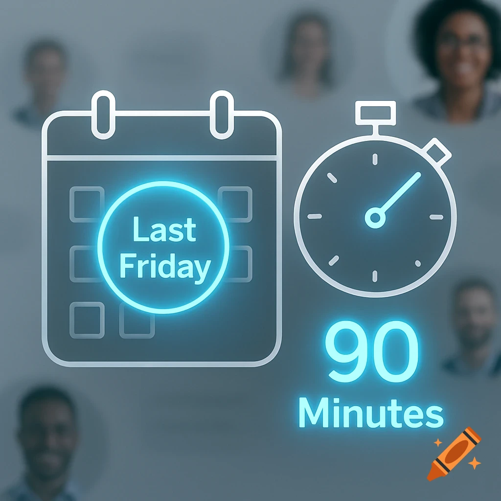 A modern digital illustration featuring a calendar with "Last Friday" highlighted, a stopwatch, and glowing "90 Minutes" text. Blurred professional faces are in the background.