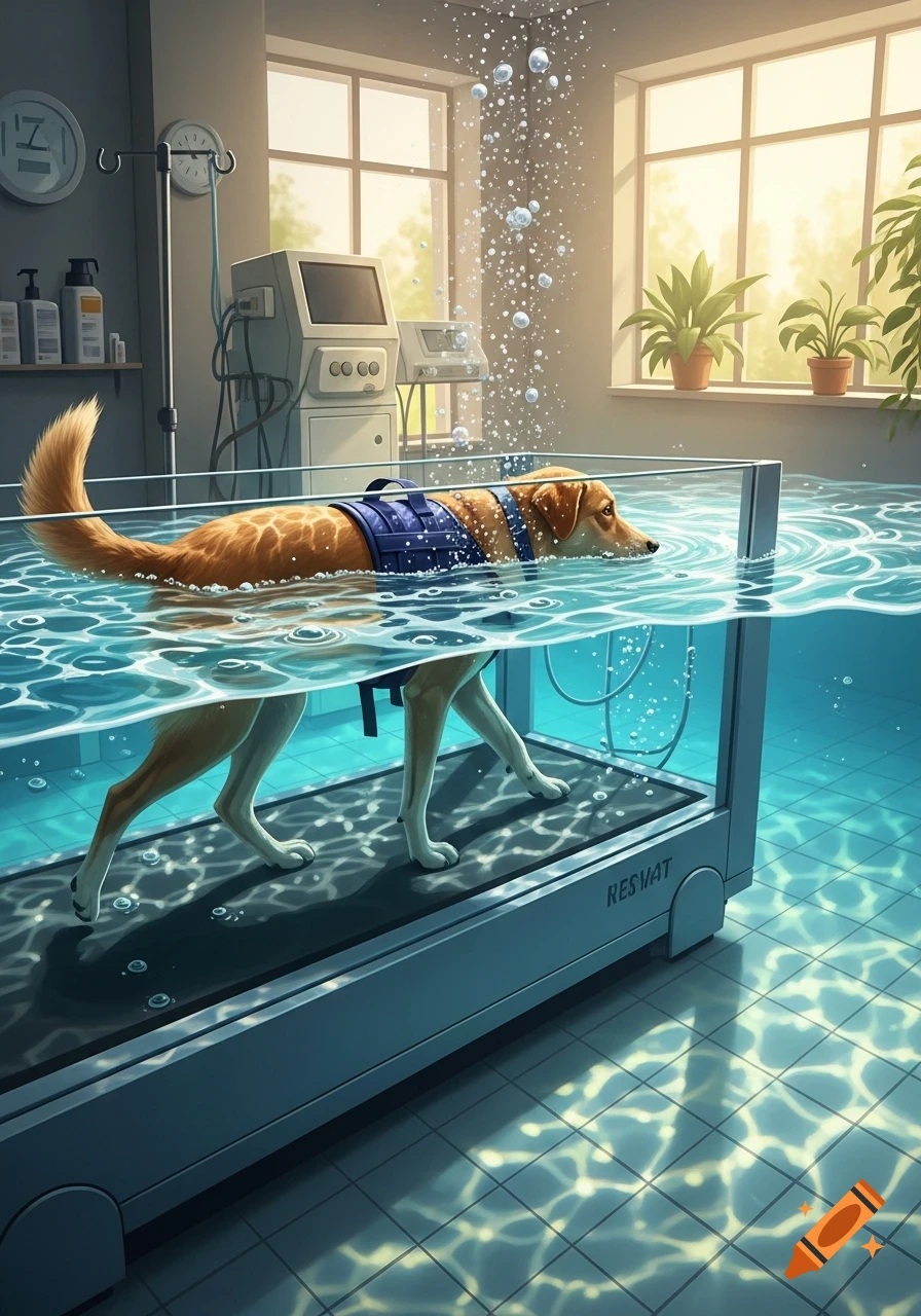 A golden retriever in a blue harness walks on an underwater treadmill in a bright veterinary clinic for physical therapy.