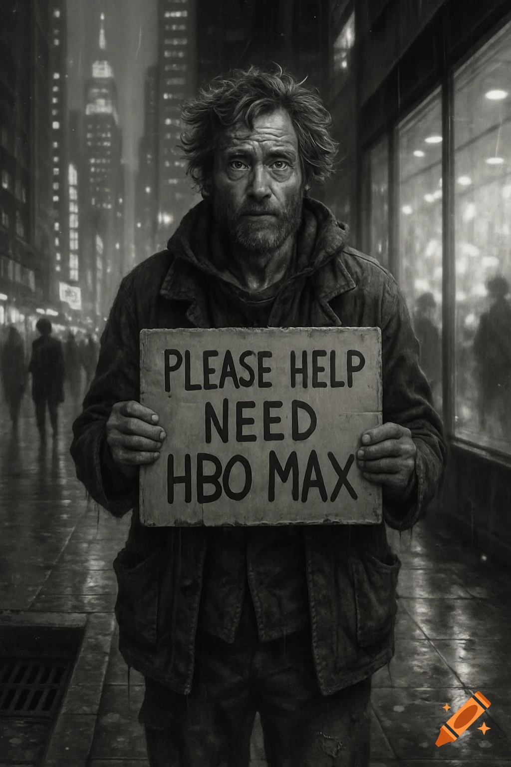 Monochrome photorealistic image of a scruffy man holding a "PLEASE HELP NEED HBO MAX" sign on a rainy city street.