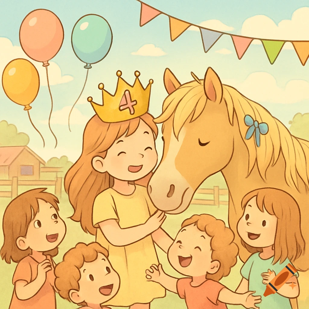 Cartoon illustration of happy children celebrating a birthday on a horse farm, with a child wearing a '4' crown and balloons.