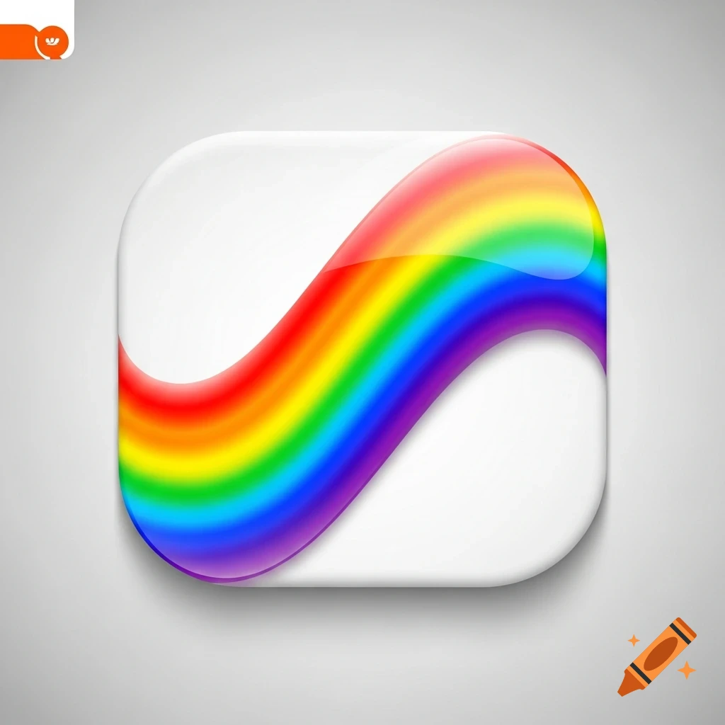 Glossy, rounded white app icon with a vibrant, wavy rainbow gradient design.