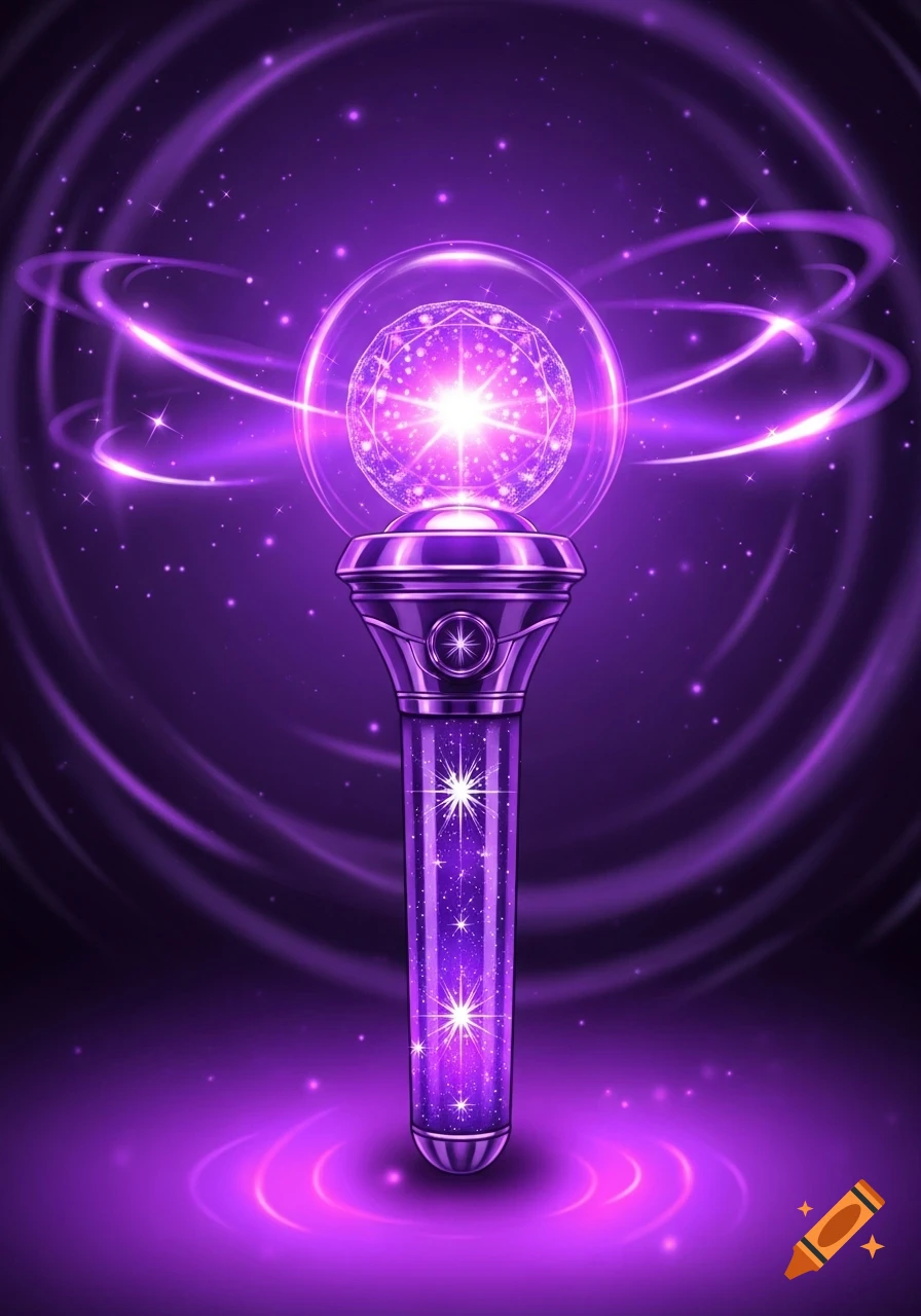 A glowing purple K-pop lightstick with a faceted crystal sphere top, surrounded by swirling energy and stars on a dark background.