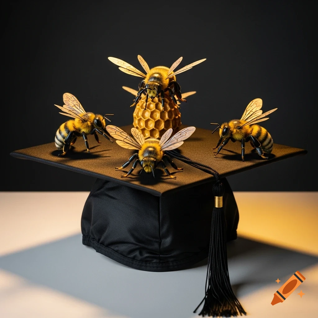 Several bees and a beehive sculpture are arranged on top of a black graduation cap, against a dark background.