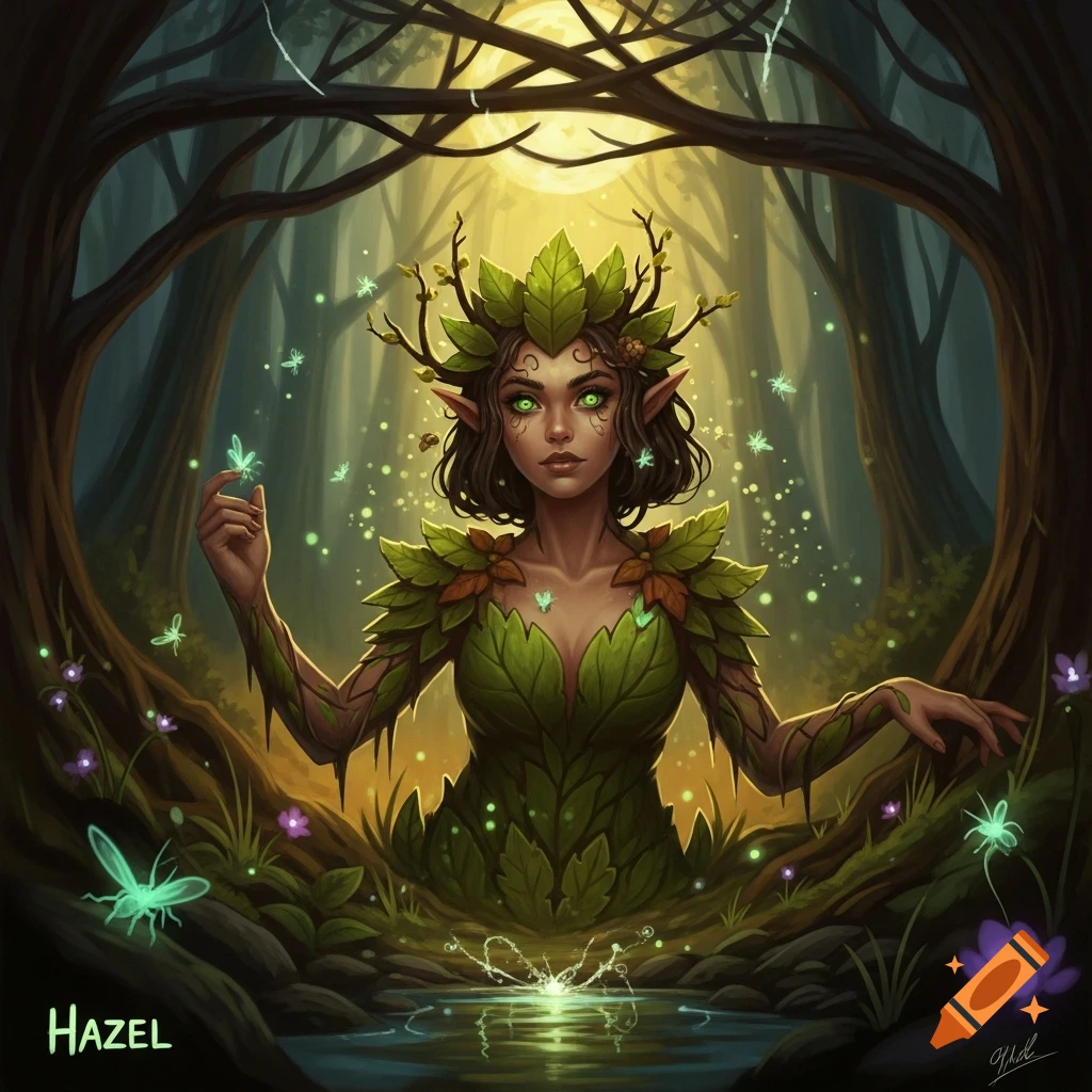 A fantasy nature elf with green eyes and leafy dress sits in a magical forest under a full moon, with glowing butterflies. 'HAZEL' is visible.