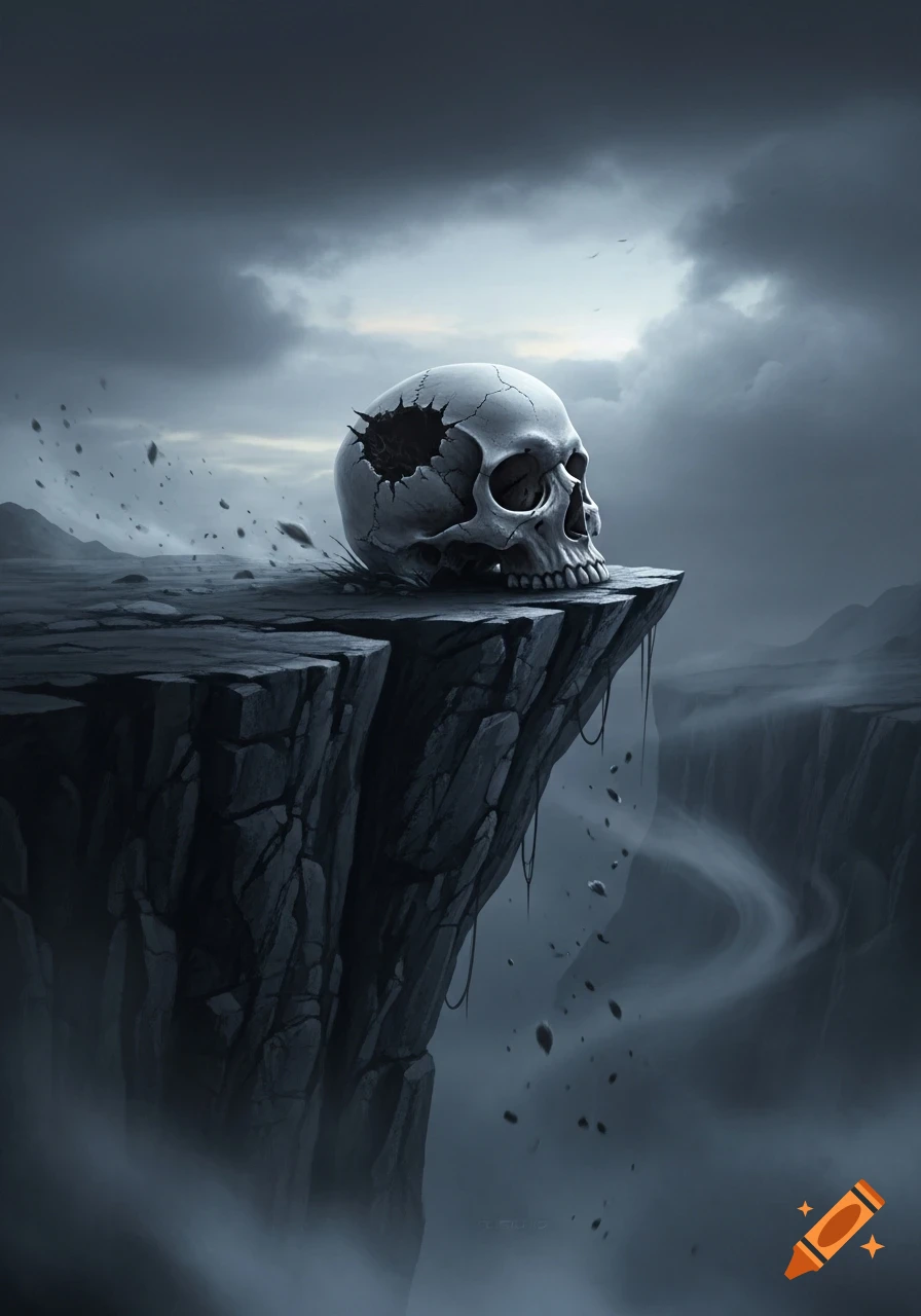 A cracked skull with a large hole rests on a dark, rocky cliff edge under a gloomy, overcast sky, overlooking a misty abyss.