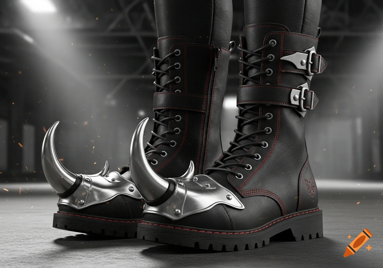 Pair of matte-black leather combat boots with red stitching, silver horn-toed caps, and buckles, on a dark, industrial background.