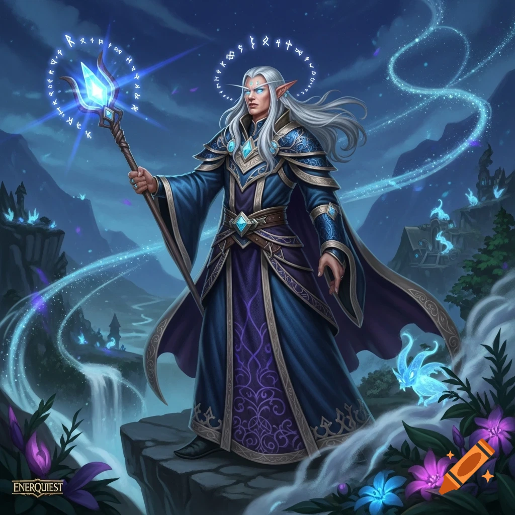 A male elven wizard with long white hair and blue robes holds a glowing crystal staff, standing in a fantastical, moonlit landscape with waterfalls and glowing plants.
