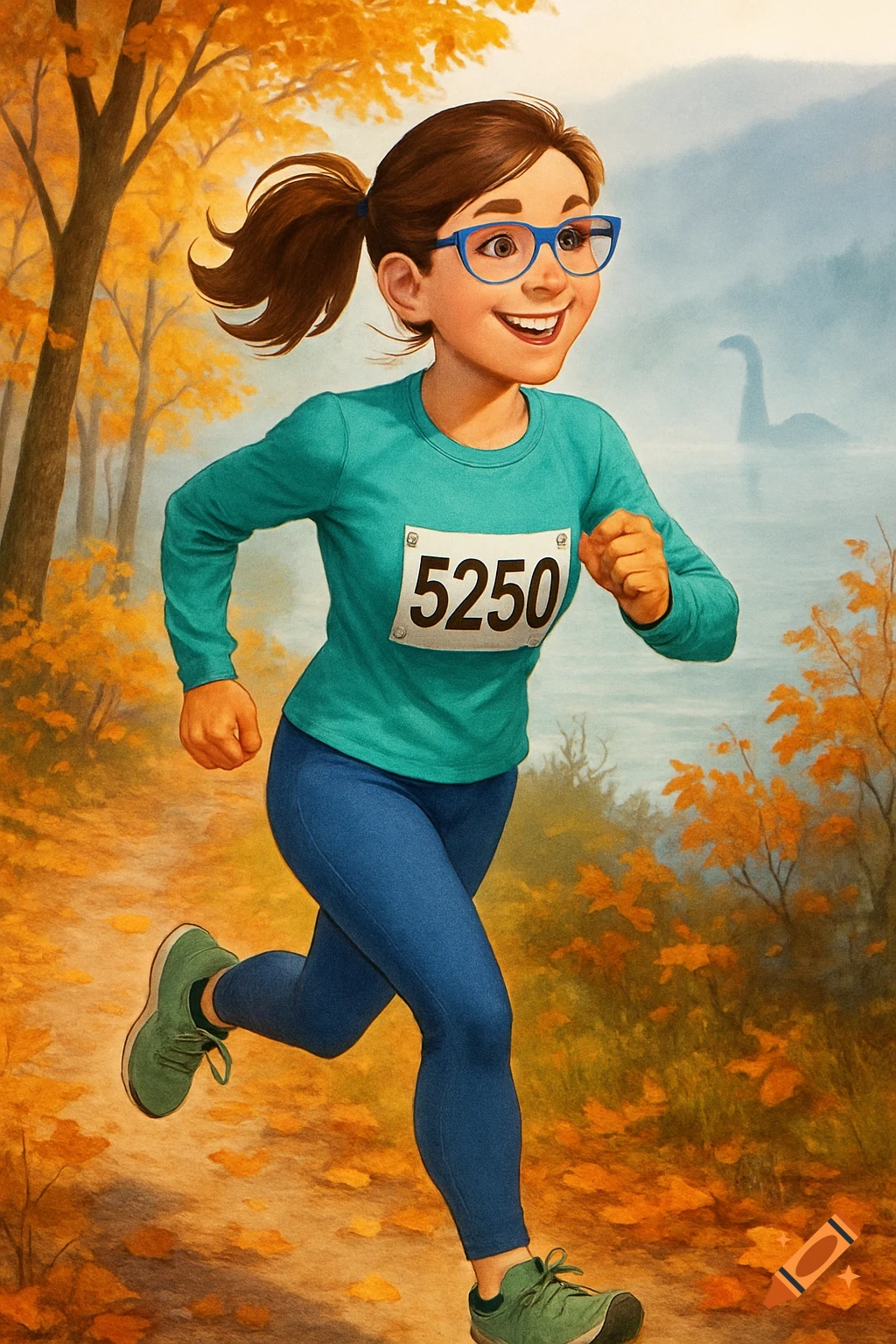 Illustration of a smiling woman in blue leggings and an aqua shirt with bib 5250, running on an autumn path. Nessie lurks in a misty lake.