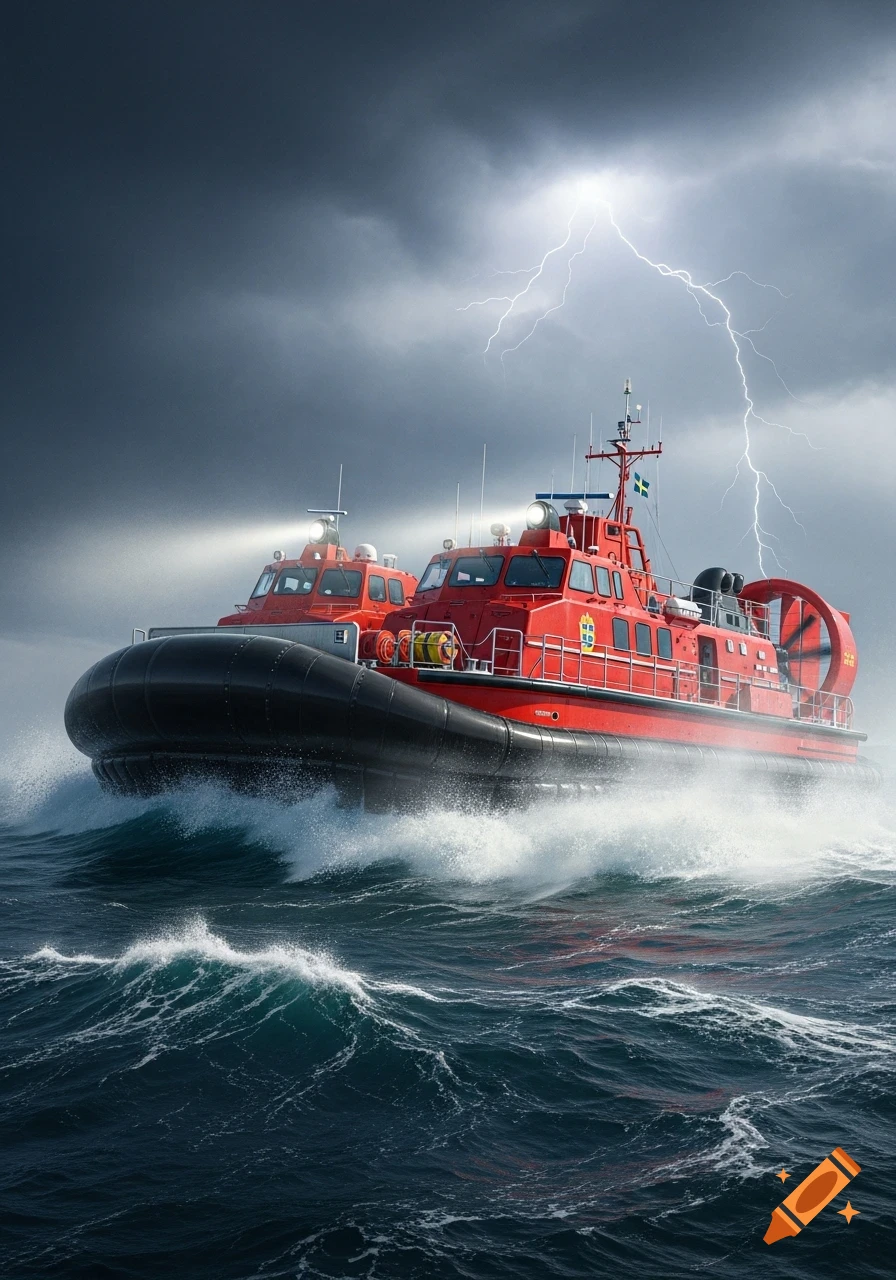 Two red and black rescue boats navigate a stormy sea under a lightning-filled dark sky.