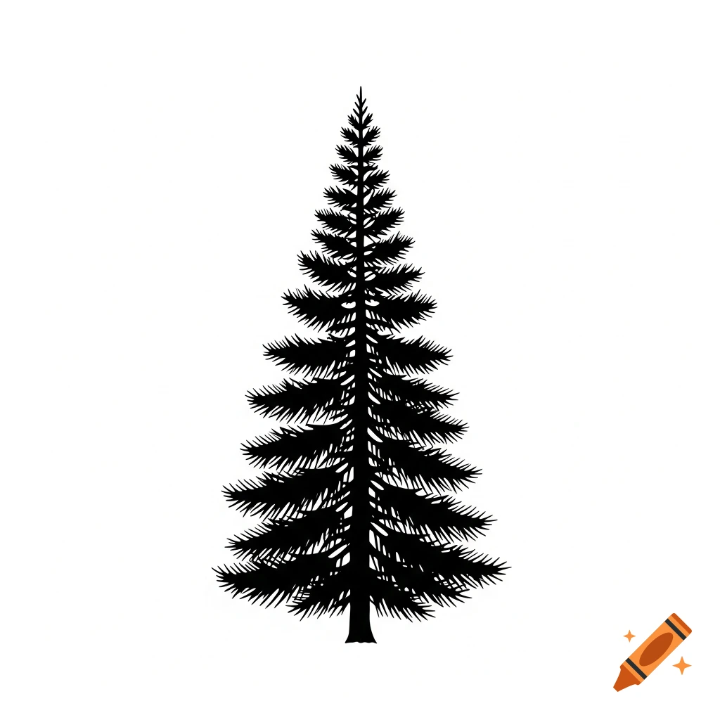 A black silhouette of a pine tree with clear lines against a white background.