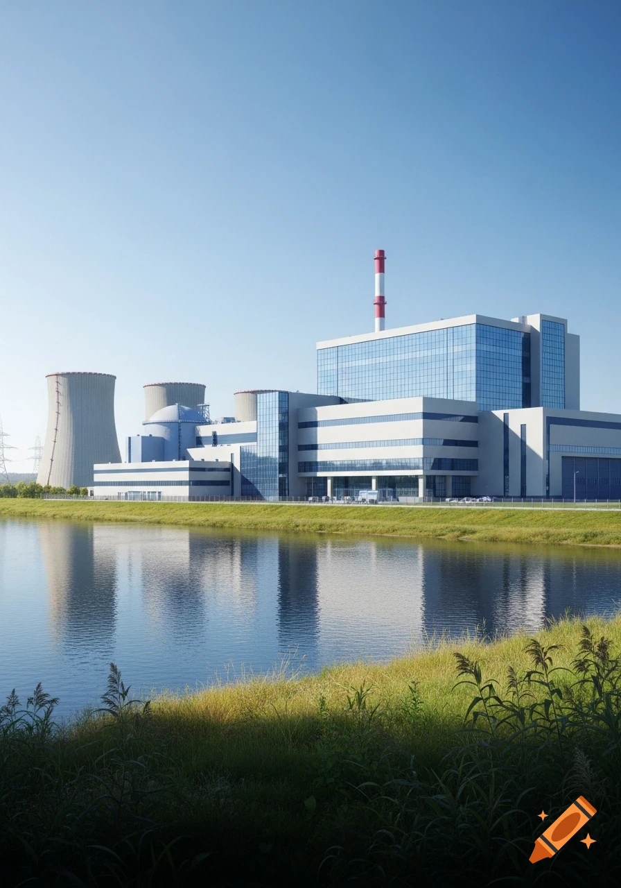 Photorealistic image of a modern nuclear power plant with cooling ...
