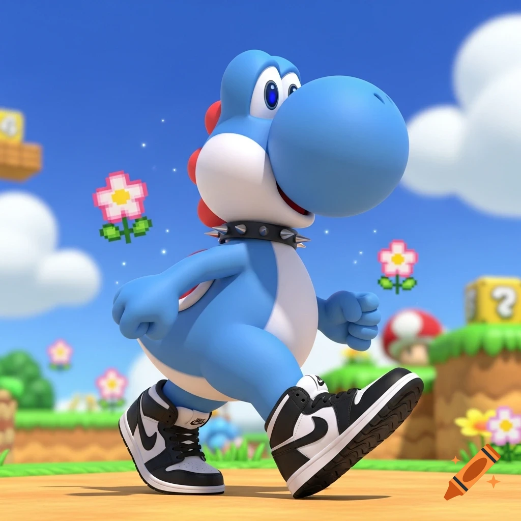 Blue Yoshi wearing a spiked collar and black-and-white Nike sneakers, walking in a vibrant Super Mario-style landscape.