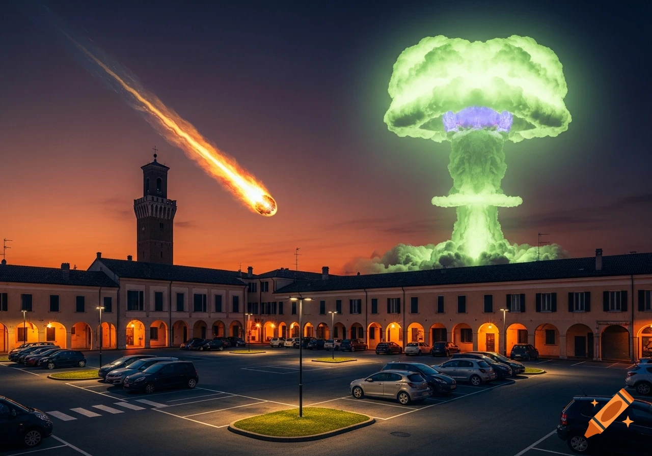 Dusk over a European city with a large tower and parking lot as a fiery meteorite falls and a glowing green mushroom cloud rises.